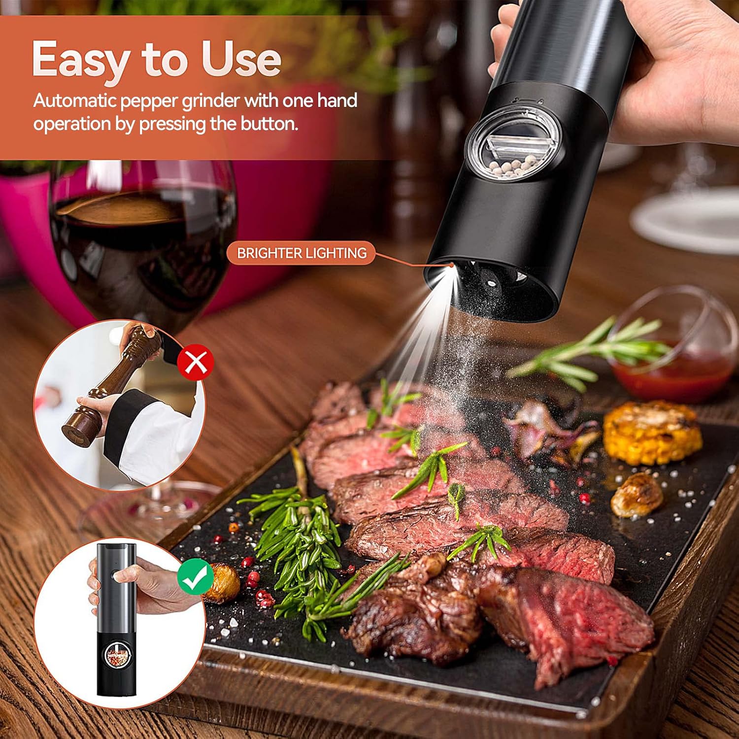 Ravello Electric Salt and Pepper Grinder Set - Rechargeable Stainless Steel, One-Handed Operation 6