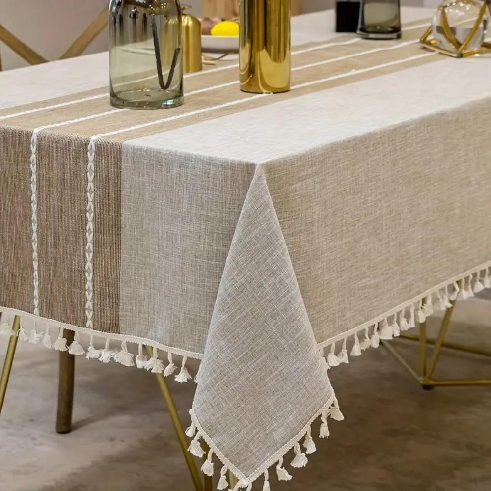 Ravello Linen Tablecloth - Geometric Pattern with Tassels, Stain-Resistant 0