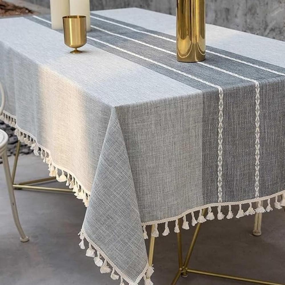 Ravello Linen Tablecloth - Geometric Pattern with Tassels, Stain-Resistant 3