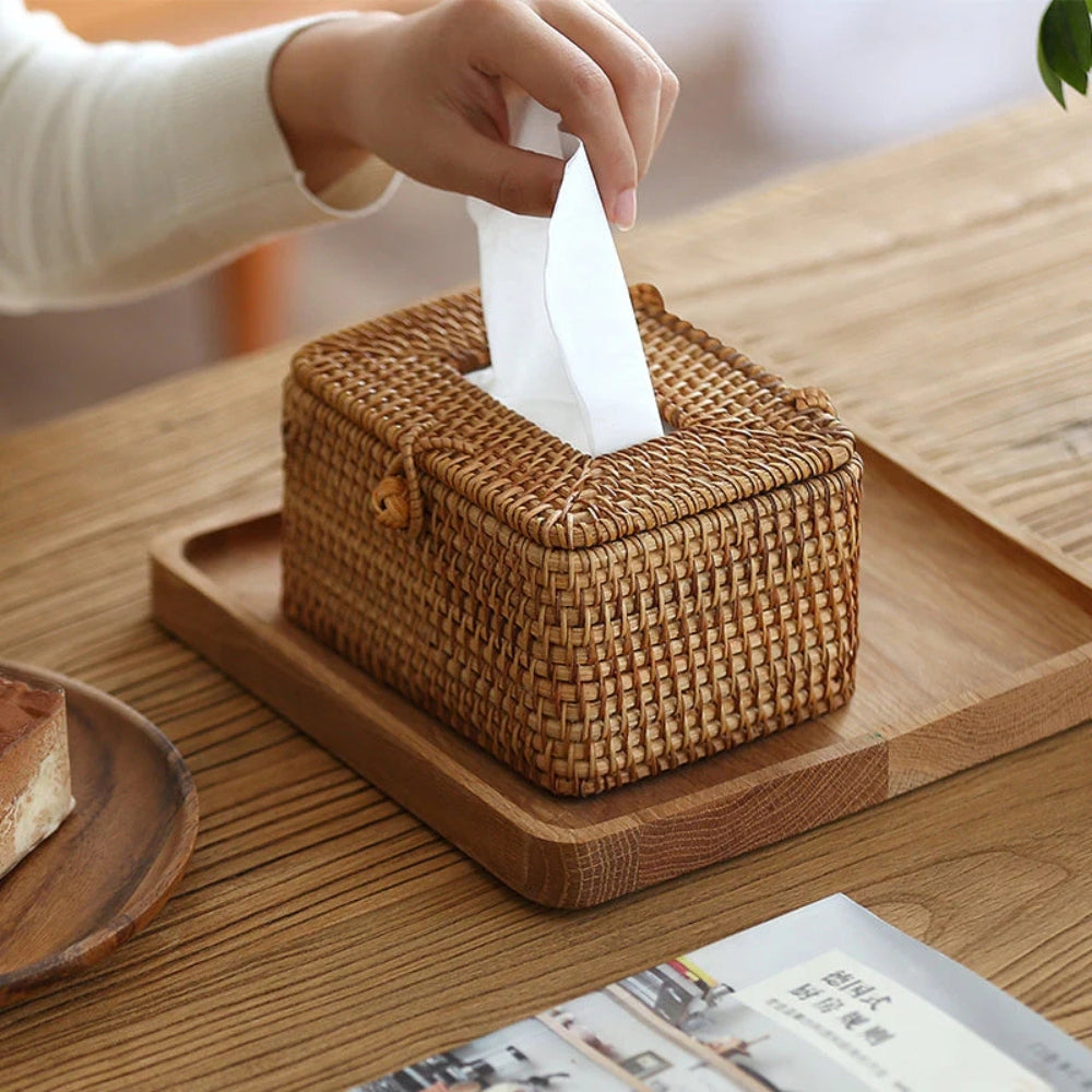 Raven Rattan Tissue Box Cover - Handwoven Natural Elegance 1