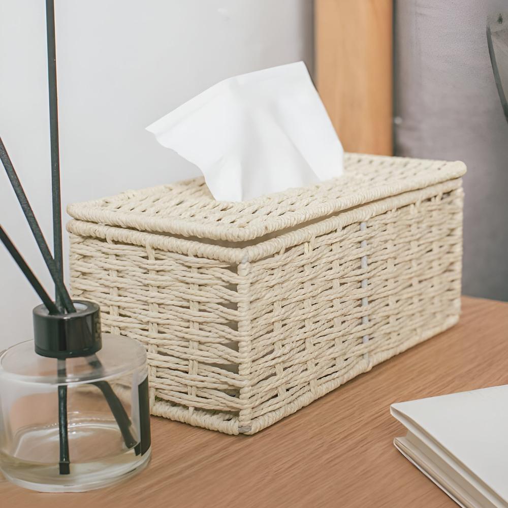 Ravine Tissue Box Cover - Rattan with Leather Accents, Compact Design 2