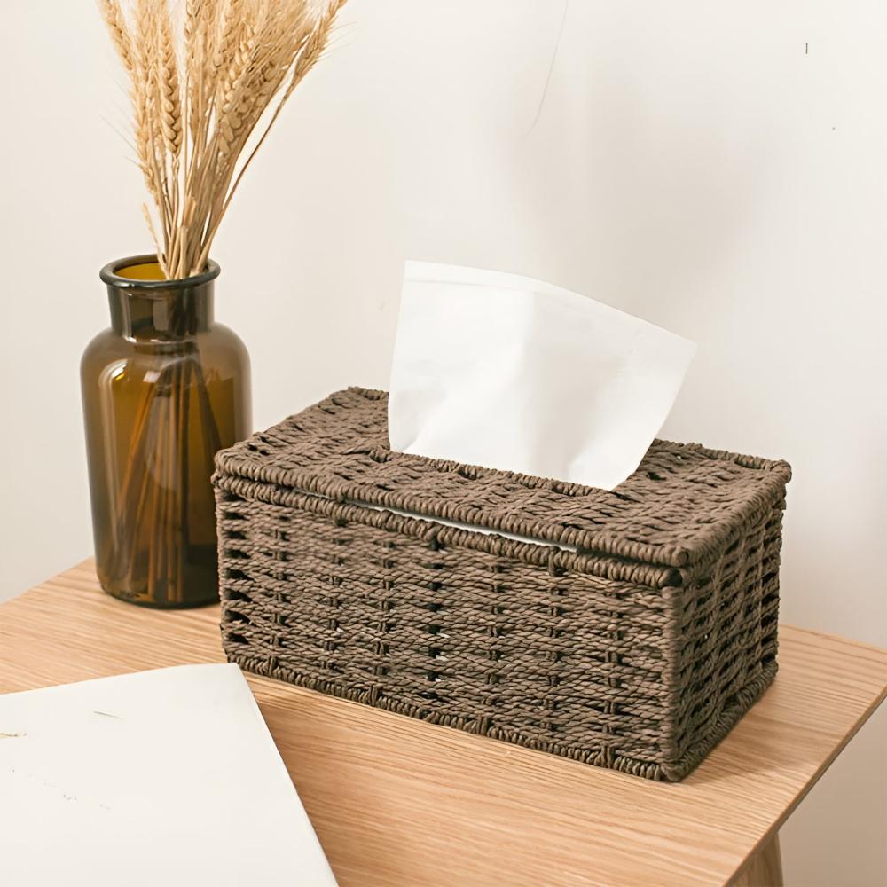 Ravine Tissue Box Cover - Rattan with Leather Accents, Compact Design 3