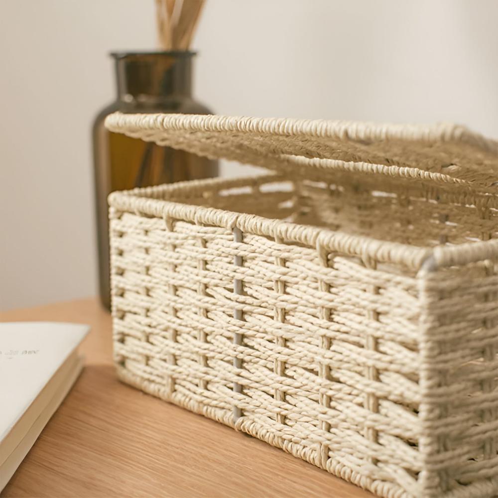 Ravine Tissue Box Cover - Rattan with Leather Accents, Compact Design 4