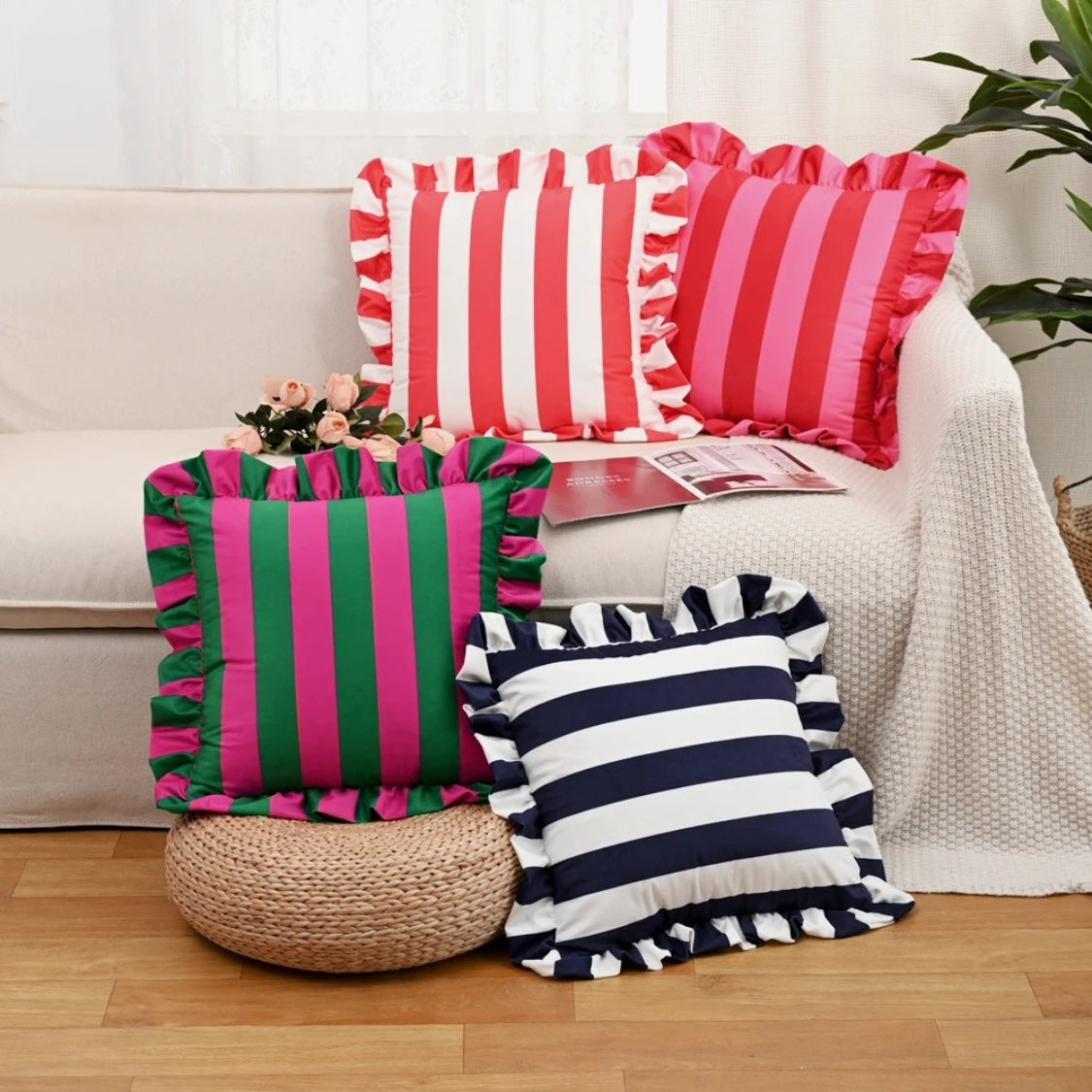 Ruffle Striped Cushion Cover - Soft Microfiber Blend, Cozy Design 1