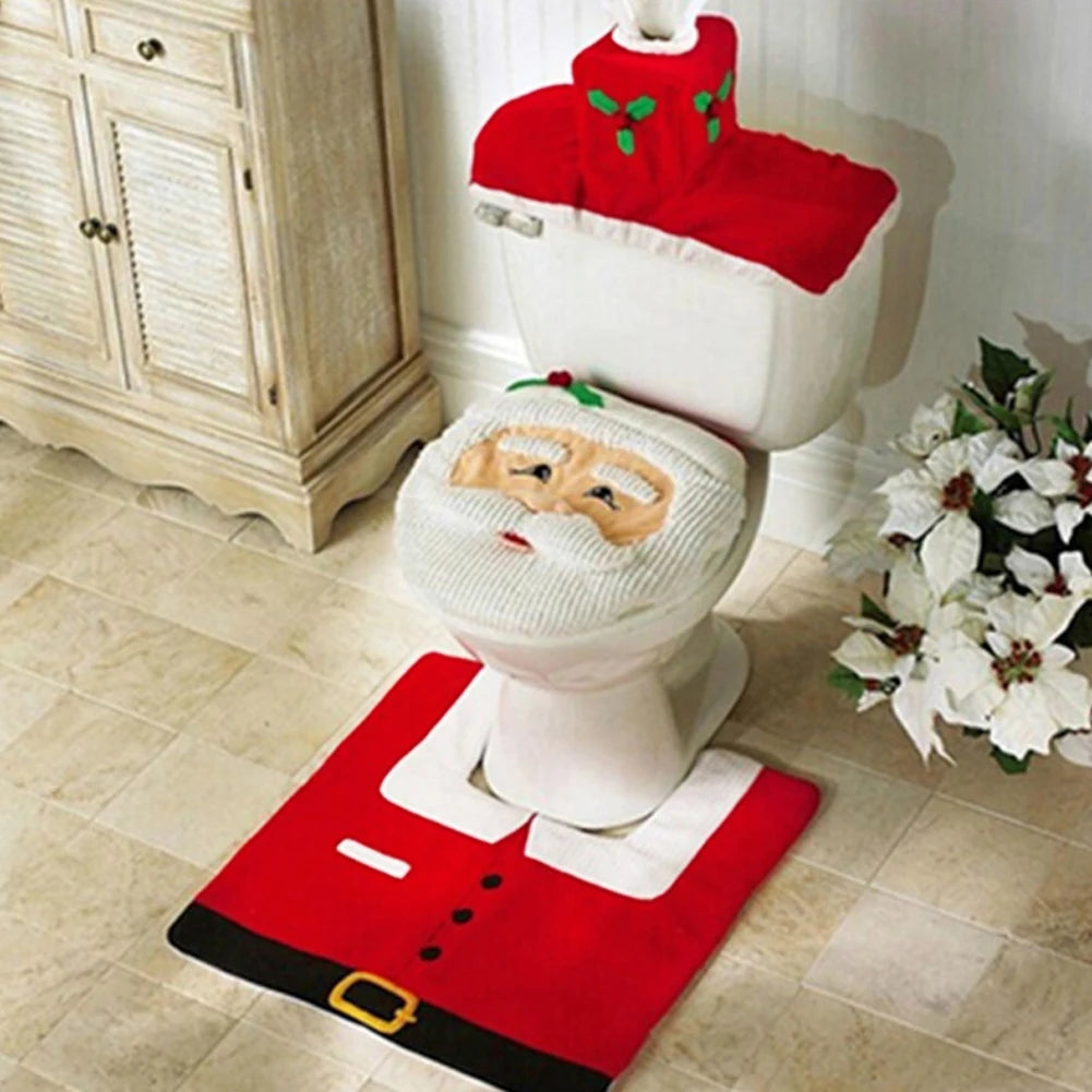 Sable Santa Toilet Cover Set - Plush 3-Piece, Festive Holiday Decor 0