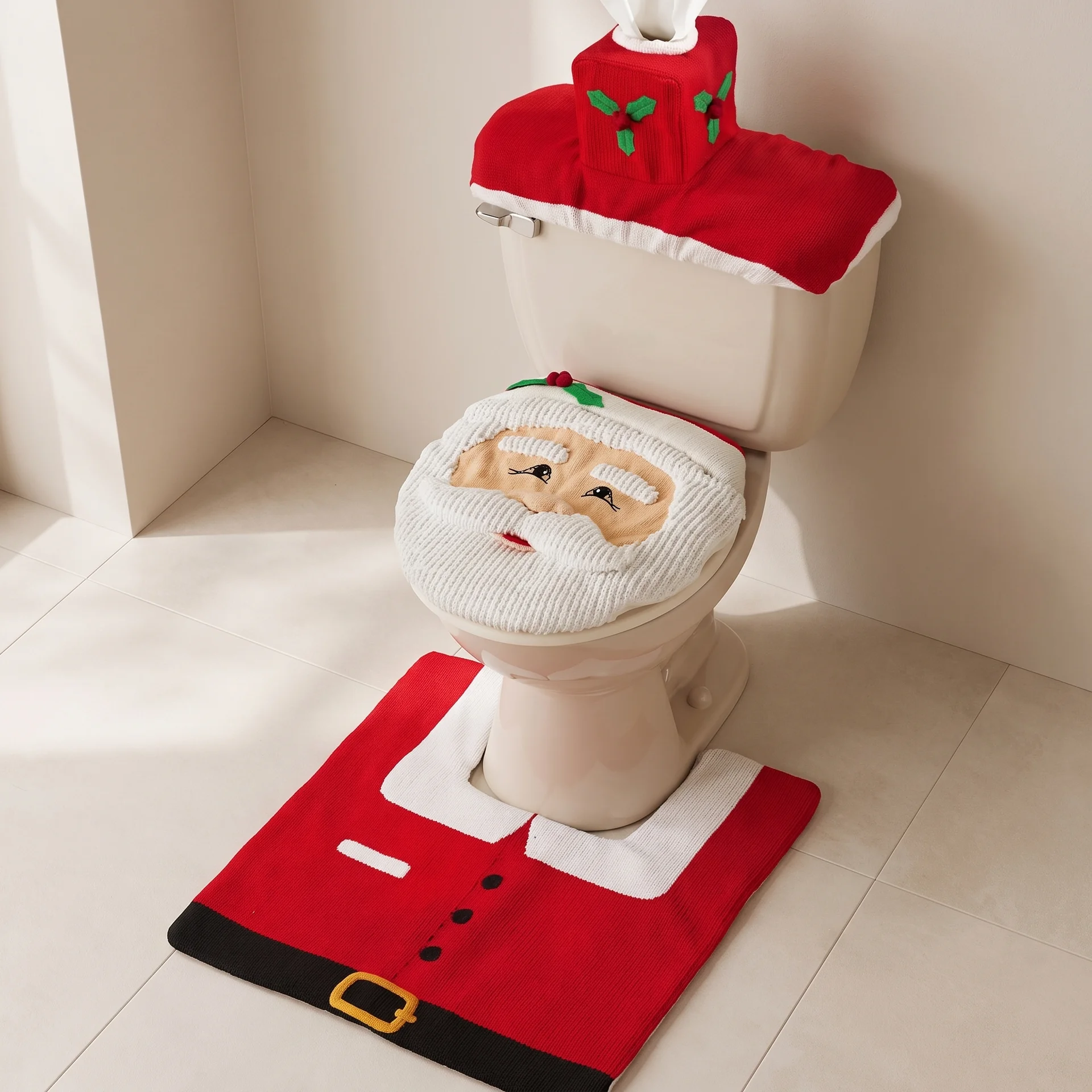 Sable Santa Toilet Cover Set - Plush 3-Piece, Festive Holiday Decor 1