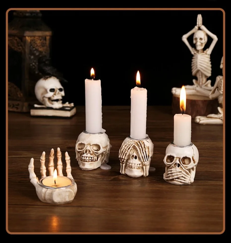 Sable Skullight Candlestick Holders - Resin, Gothic 3-Piece Set 1