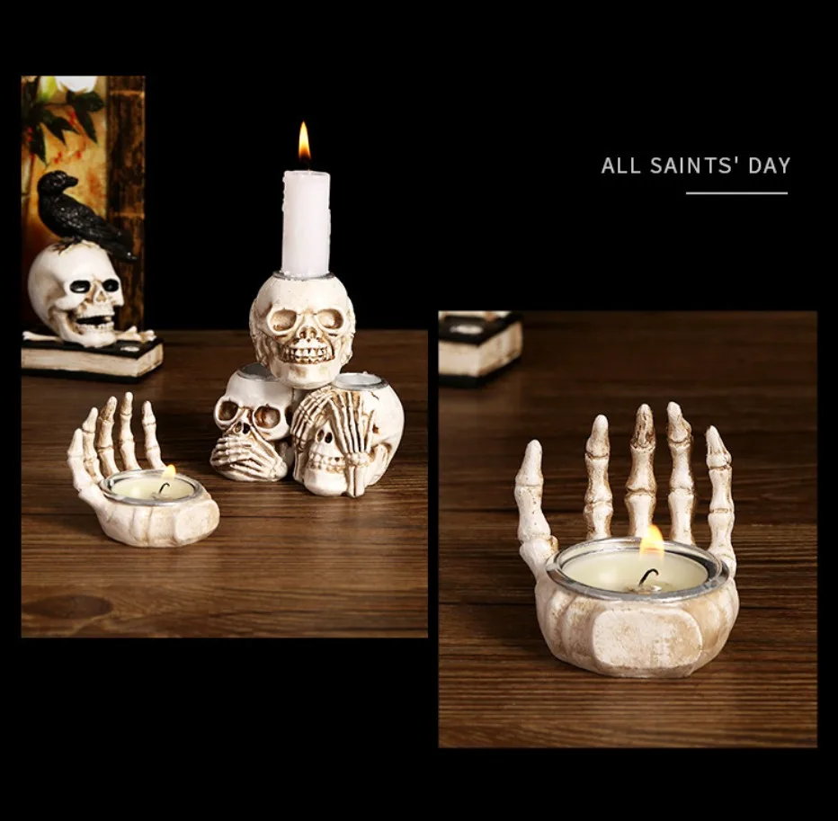 Sable Skullight Candlestick Holders - Resin, Gothic 3-Piece Set 5