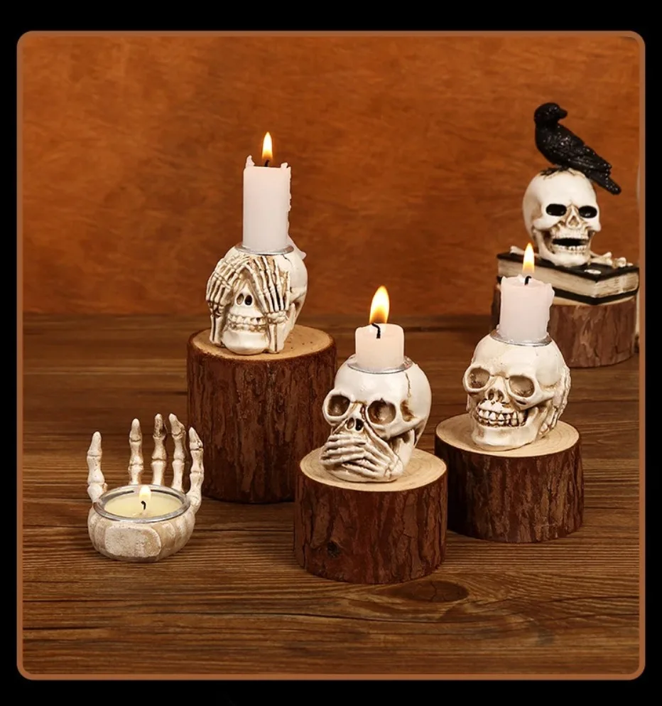Sable Skullight Candlestick Holders - Resin, Gothic 3-Piece Set 6