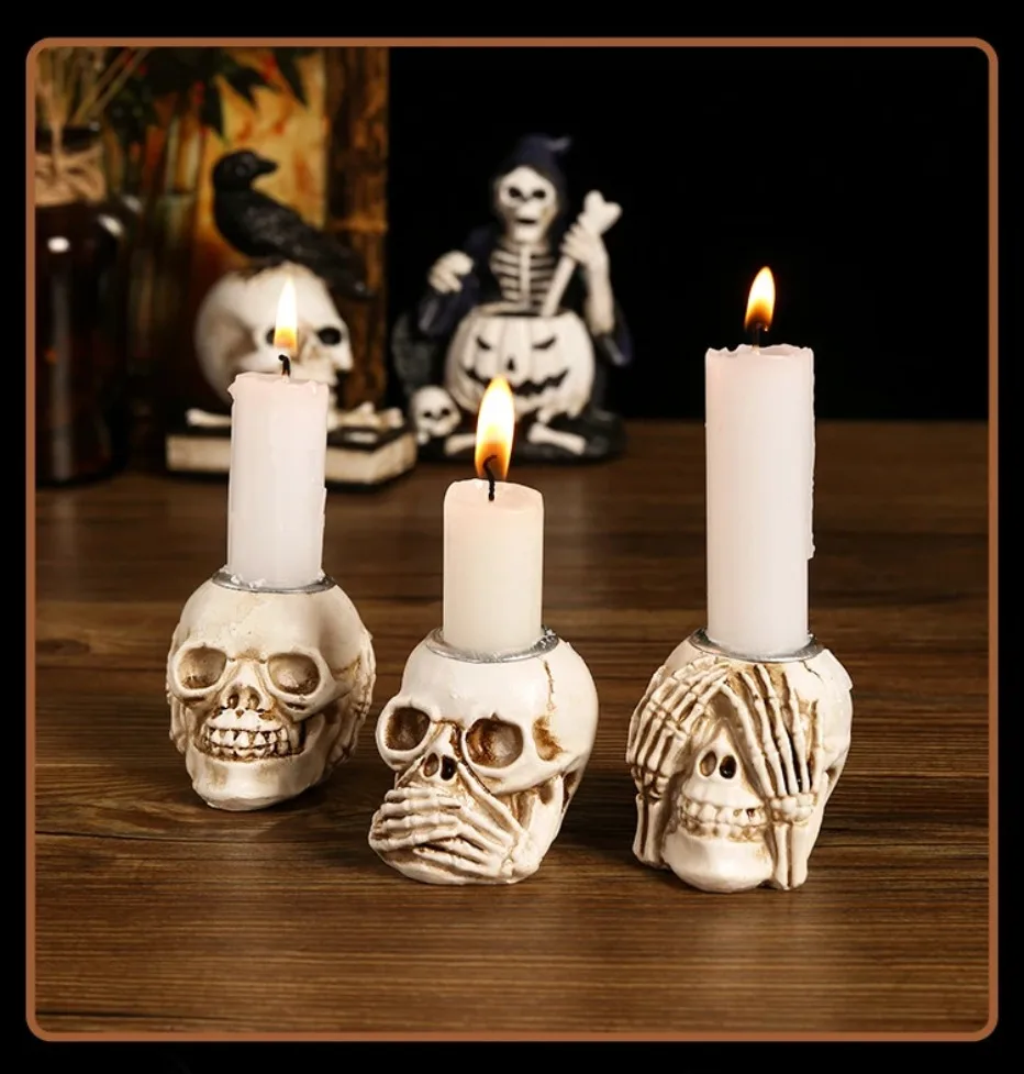 Sable Skullight Candlestick Holders - Resin, Gothic 3-Piece Set 7