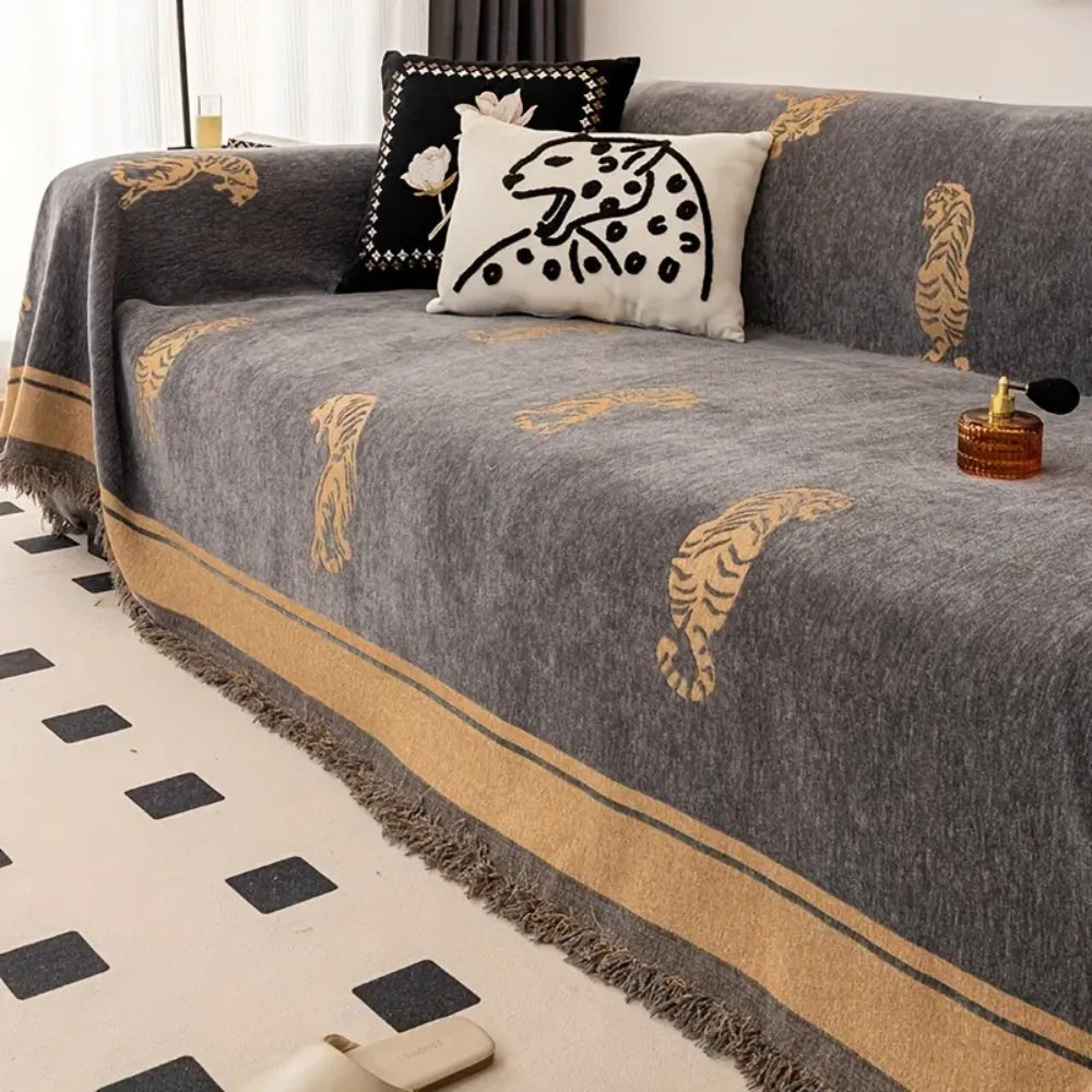 Sable Sofa Cover - Reversible Chenille, Tiger Motif for Sectional and Couch 0