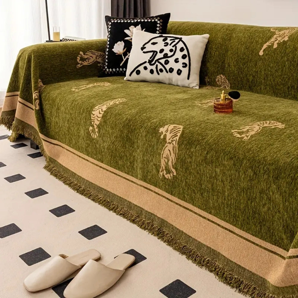 Sable Sofa Cover - Reversible Chenille, Tiger Motif for Sectional and Couch 1