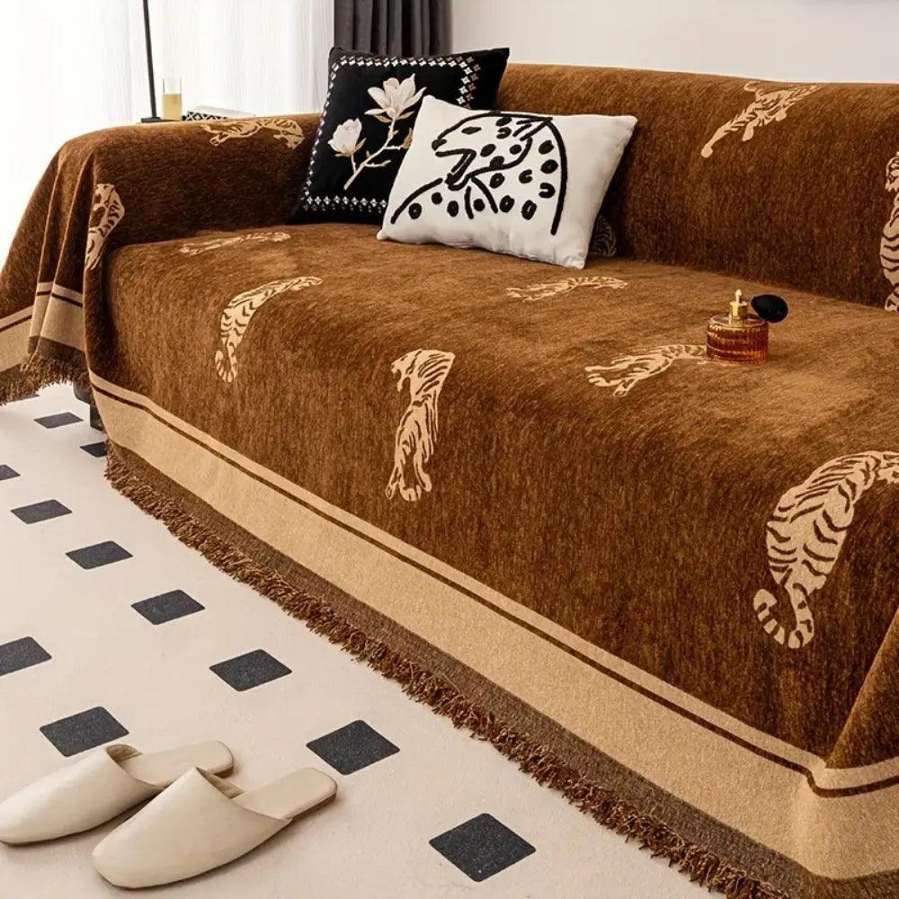 Sable Sofa Cover - Reversible Chenille, Tiger Motif for Sectional and Couch 3