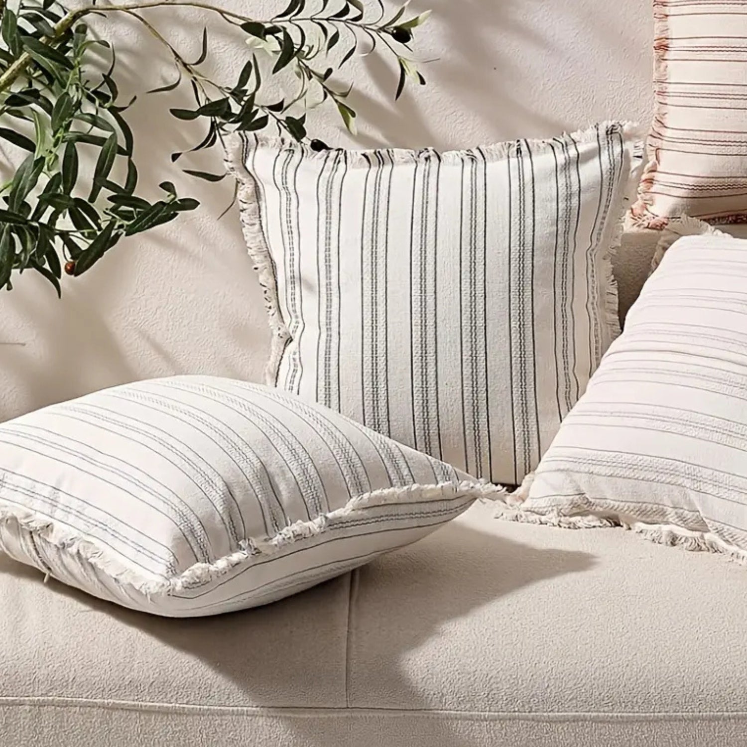 Sable Stripe Cushion Cover - Textured Cotton-Polyester Blend, Decorative Fringe 5