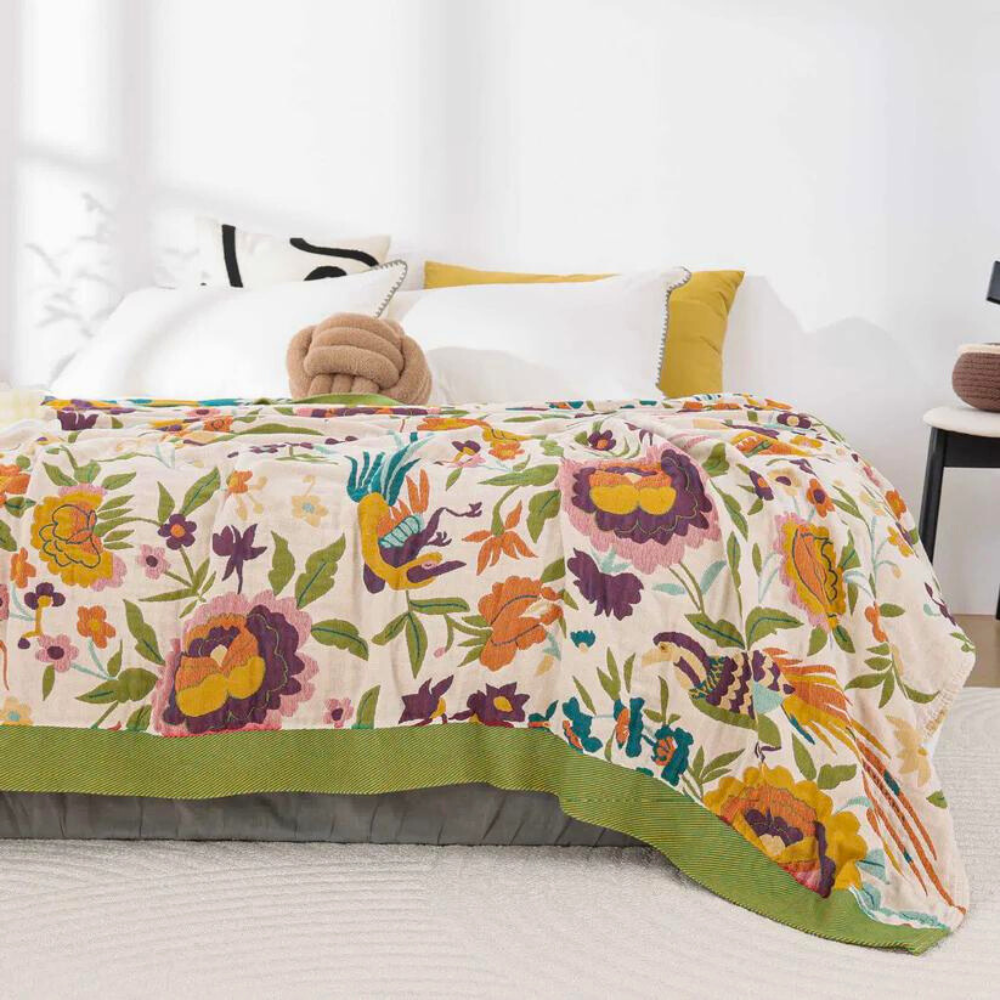 Serene Soft Blossom Coverlet - 100% Cotton Gauze, Reversible Floral 0