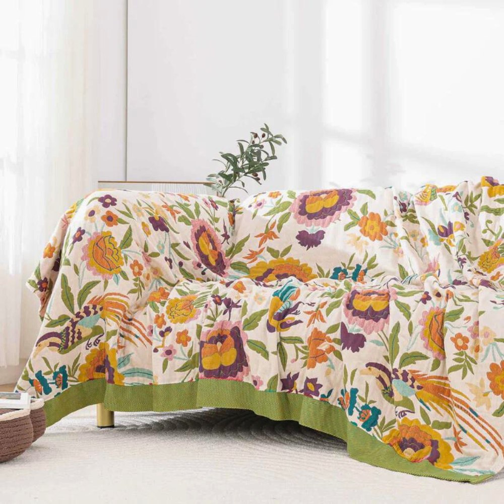 Serene Soft Blossom Coverlet - 100% Cotton Gauze, Reversible Floral 1