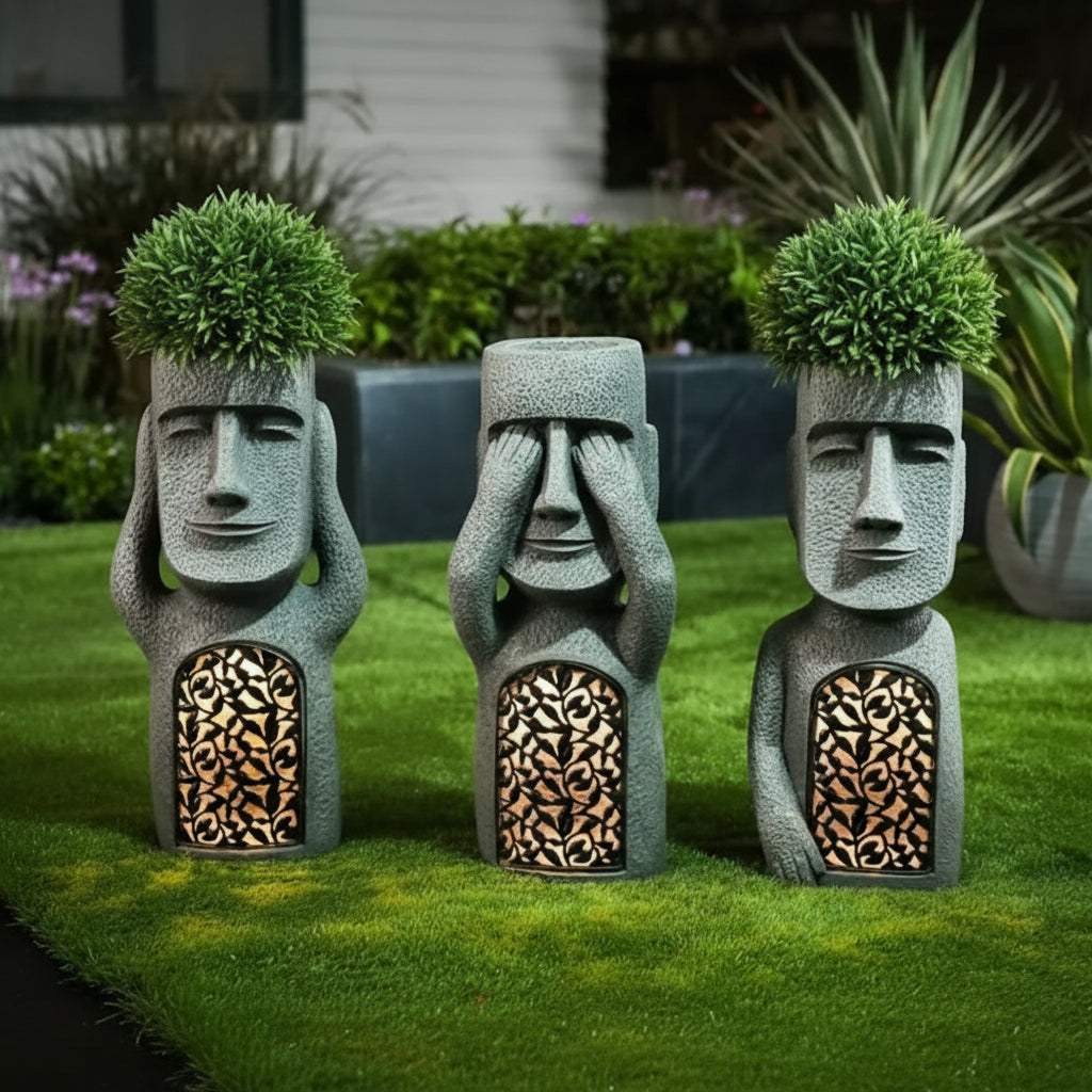 StoneGlow – Solar Moai Planter Statue – Decorative Garden Light Accent