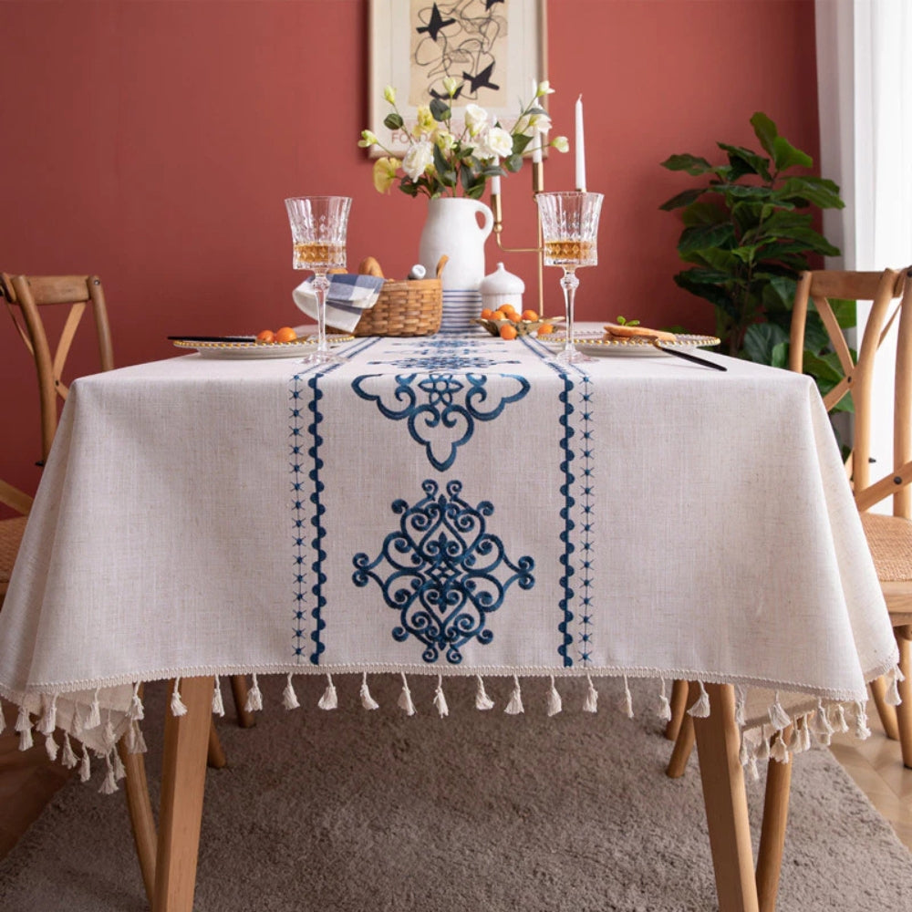 Sorella Embroidered Tablecloth - Microfiber-Linen Blend, Elegant Design 0