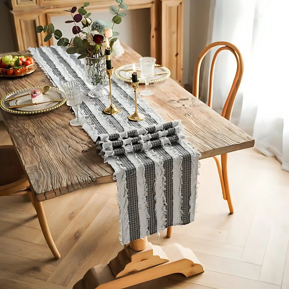 Sorin Table Runner - Linen Blend, Rustic Frayed Fabric Strips 3