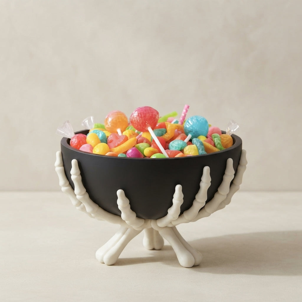 Spooktacular Halloween Candy Bowl - Matte Black Plastic with Detachable Skeleton Hands 0