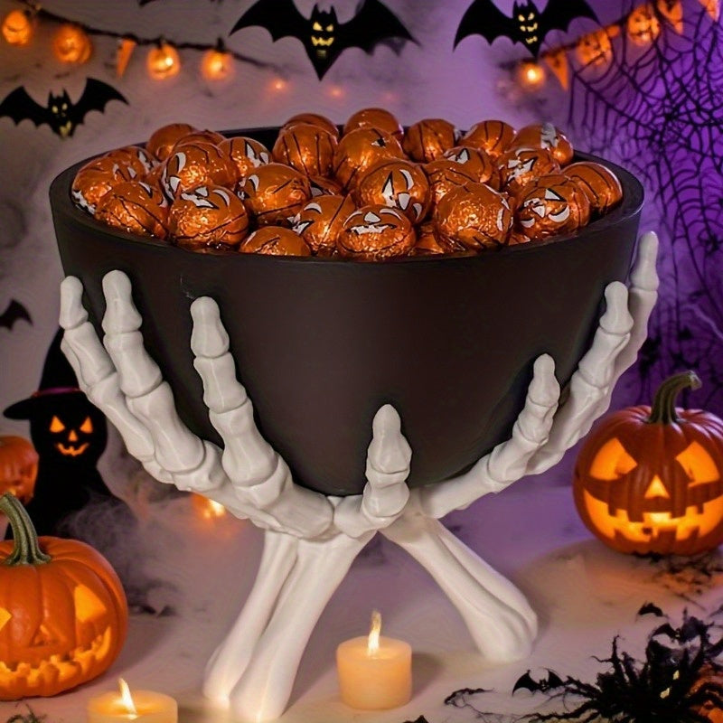 Spooktacular Halloween Candy Bowl - Matte Black Plastic with Detachable Skeleton Hands 2
