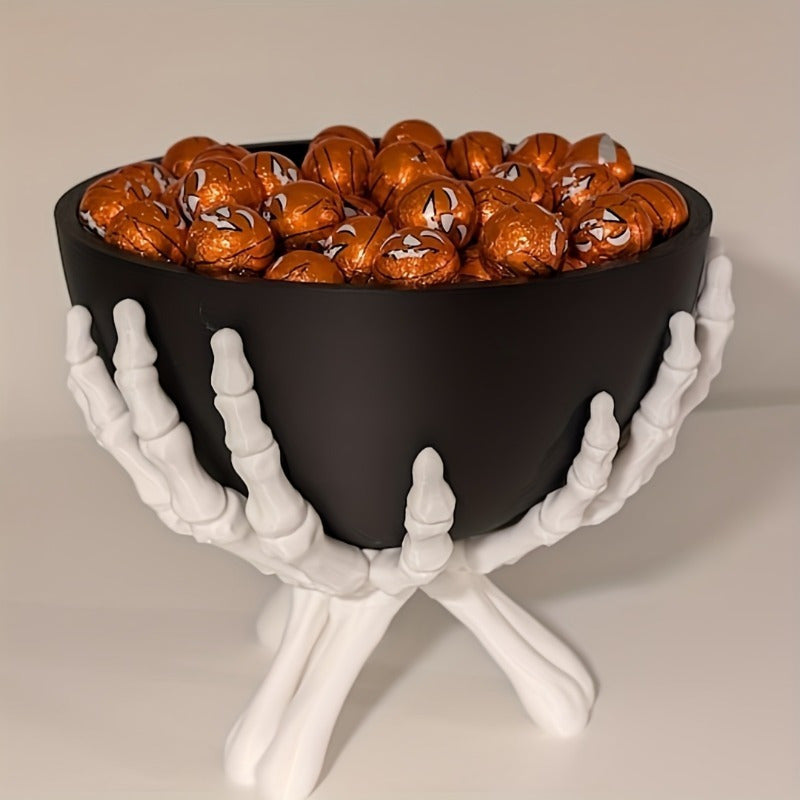 Spooktacular Halloween Candy Bowl - Matte Black Plastic with Detachable Skeleton Hands 6