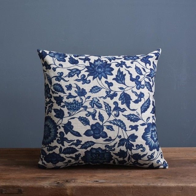 Talon Cushion Cover - Linen Cotton Blend, Blue Porcelain Print for Sofa 0