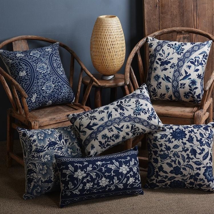 Talon Cushion Cover - Linen Cotton Blend, Blue Porcelain Print for Sofa 1