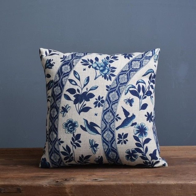 Talon Cushion Cover - Linen Cotton Blend, Blue Porcelain Print for Sofa 2