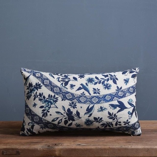 Talon Cushion Cover - Linen Cotton Blend, Blue Porcelain Print for Sofa 5
