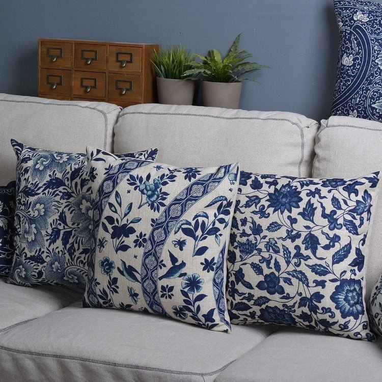 Talon Cushion Cover - Linen Cotton Blend, Blue Porcelain Print for Sofa 7