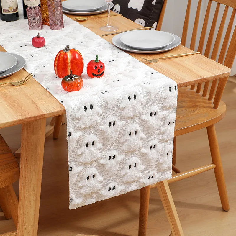 Talon Fall Table Runner - Soft Woven Fabric, Tufted Pumpkin and Ghost Design 0