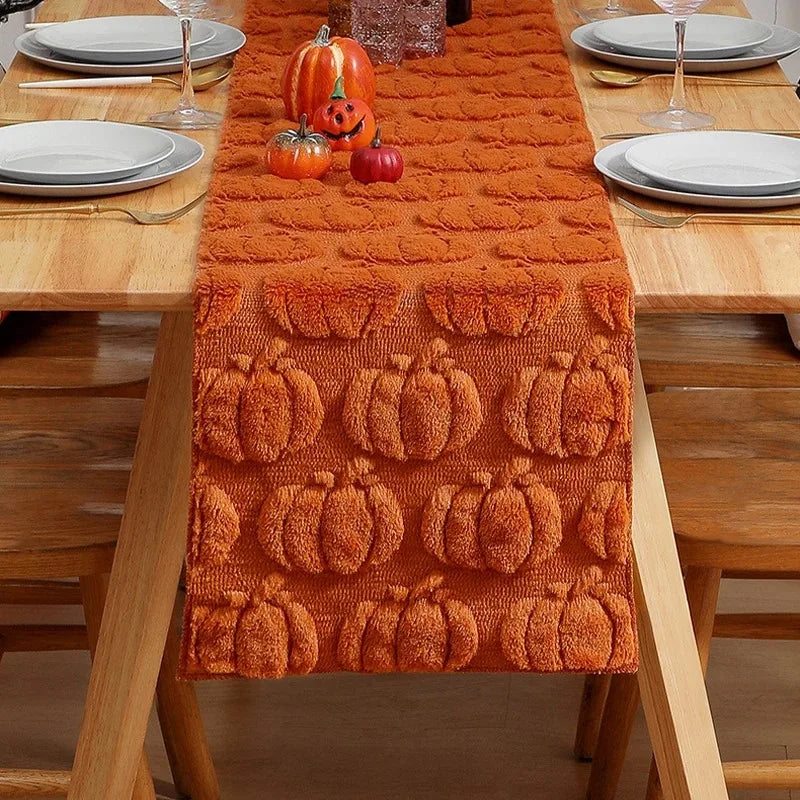Talon Fall Table Runner - Soft Woven Fabric, Tufted Pumpkin and Ghost Design 2