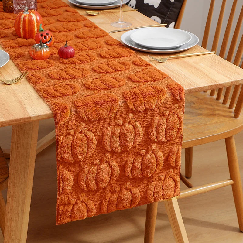 Talon Fall Table Runner - Soft Woven Fabric, Tufted Pumpkin and Ghost Design 5