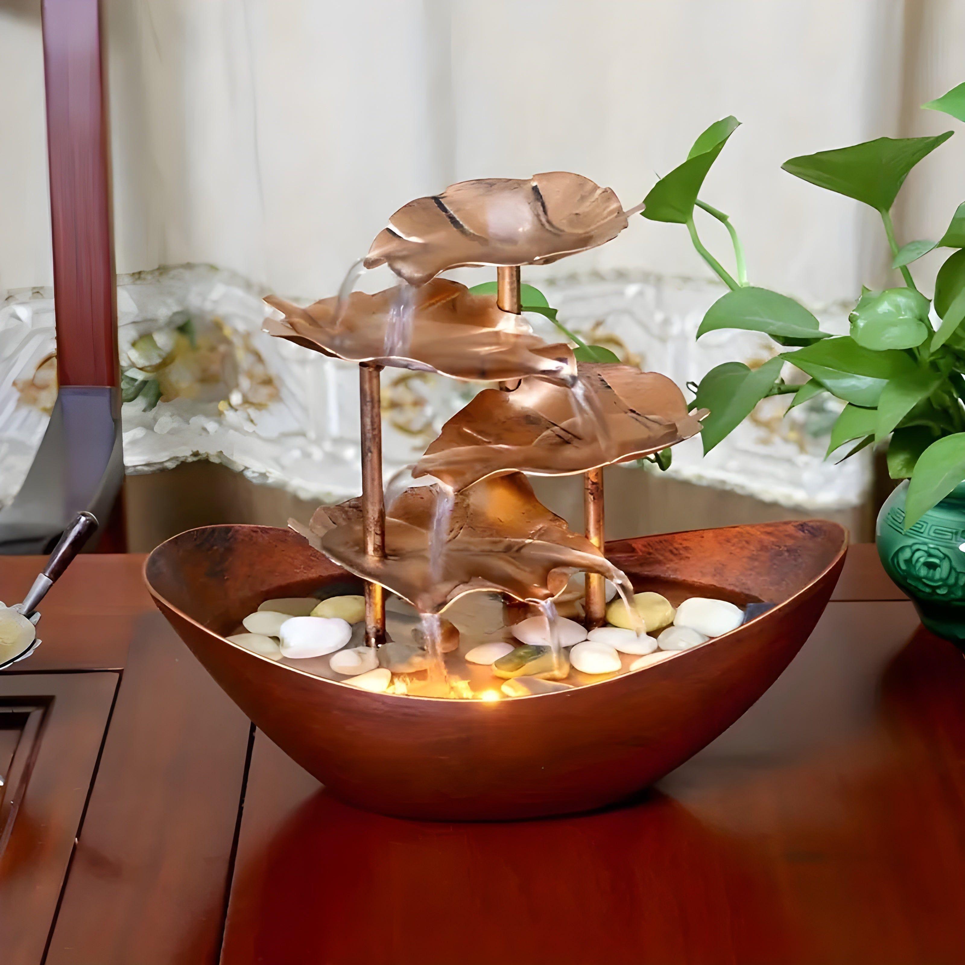 Tavren Tabletop Fountain - Iron Leaf Design with LED Light, Indoor Waterfall 3