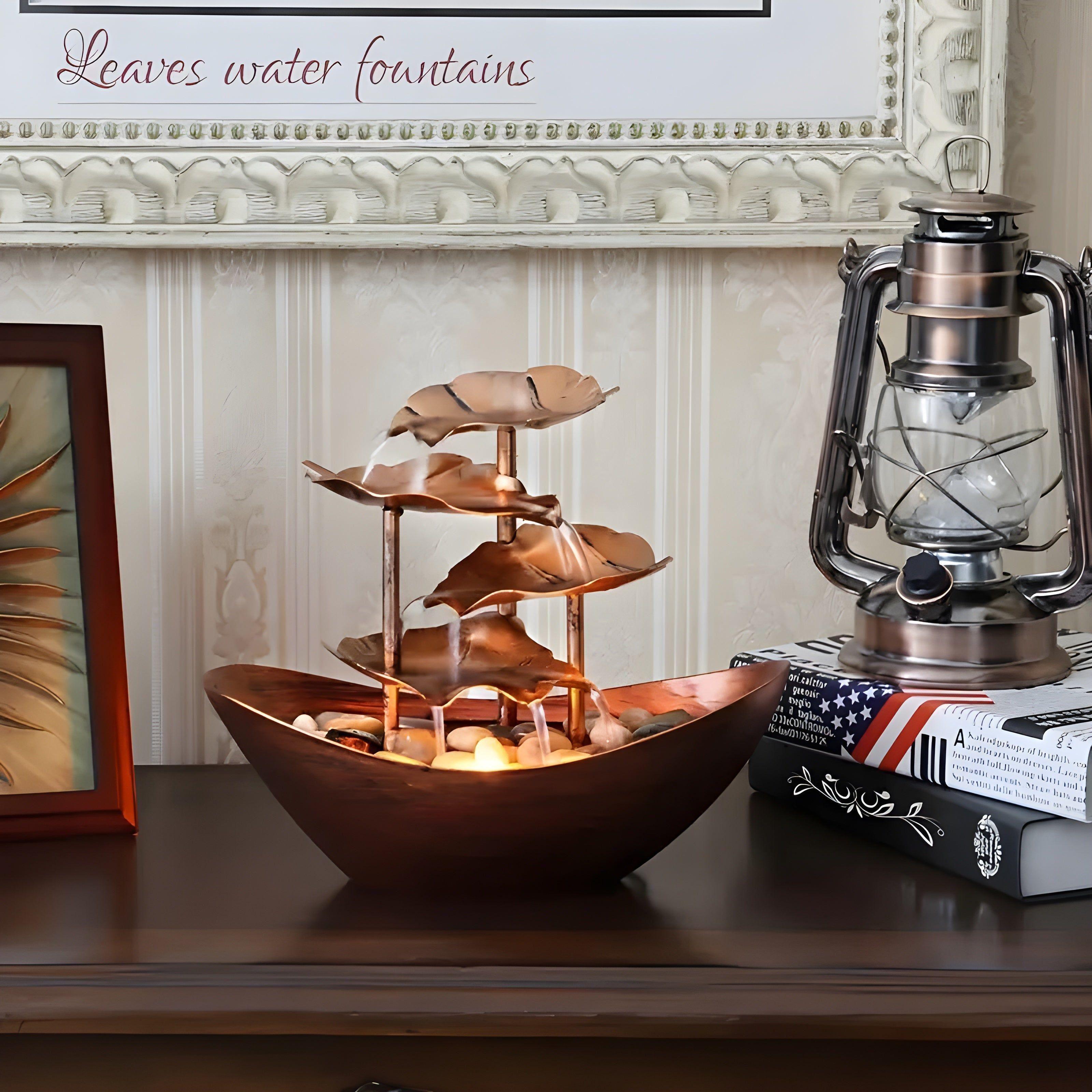 Tavren Tabletop Fountain - Iron Leaf Design with LED Light, Indoor Waterfall 6