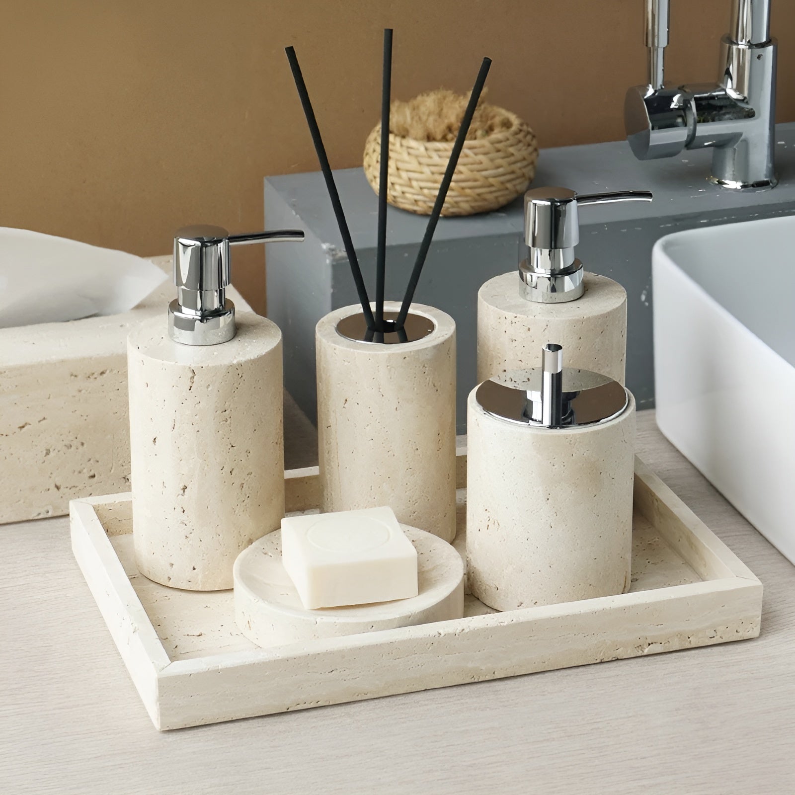 Travis Bathroom Accessories Set - Natural Stone, Elegant Design 4