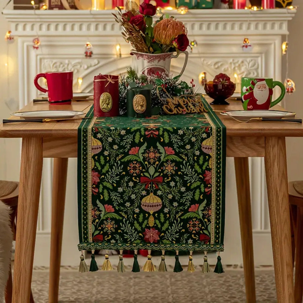 Trenora Christmas Table Runner - Botanical Pattern, Polyester Blend with Decorative Tassels 0