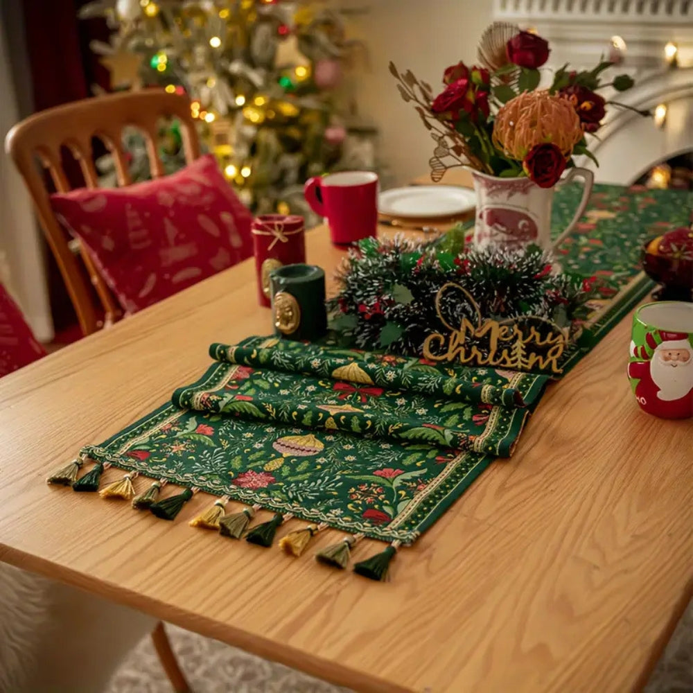 Trenora Christmas Table Runner - Botanical Pattern, Polyester Blend with Decorative Tassels 1