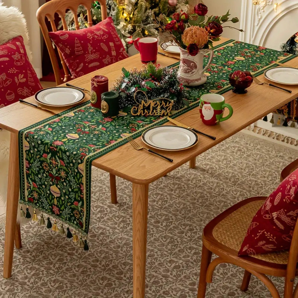 Trenora Christmas Table Runner - Botanical Pattern, Polyester Blend with Decorative Tassels 2