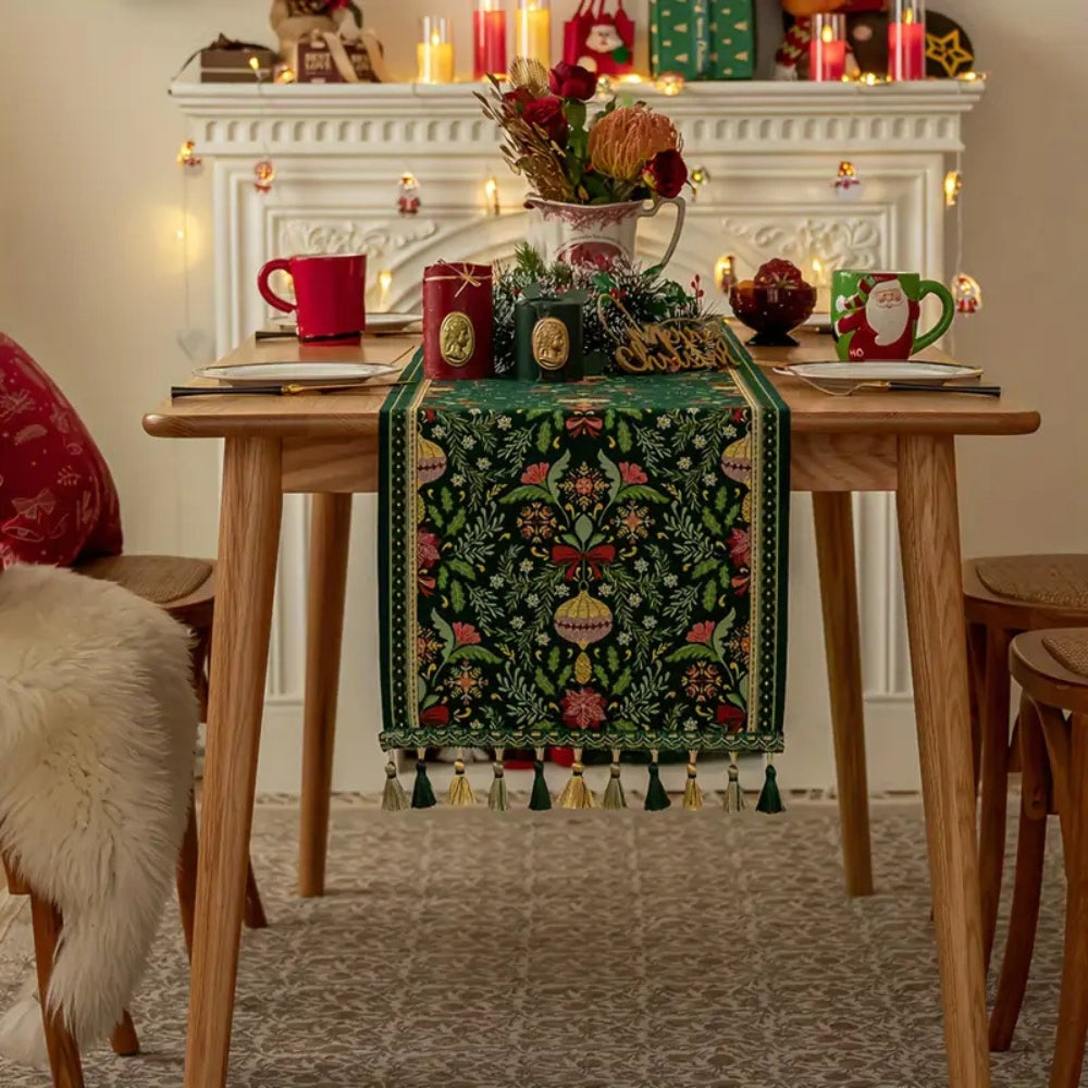Trenora Christmas Table Runner - Botanical Pattern, Polyester Blend with Decorative Tassels 3