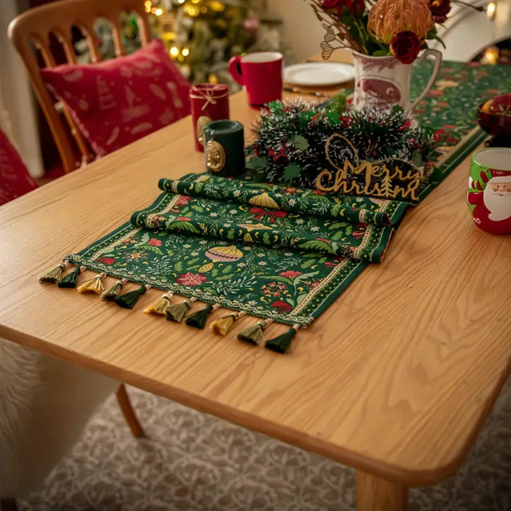Trenora Christmas Table Runner - Botanical Pattern, Polyester Blend with Decorative Tassels 4