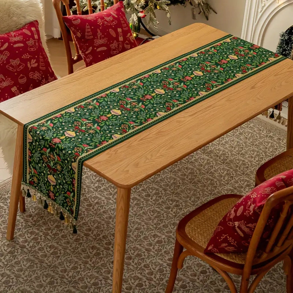 Trenora Christmas Table Runner - Botanical Pattern, Polyester Blend with Decorative Tassels 6