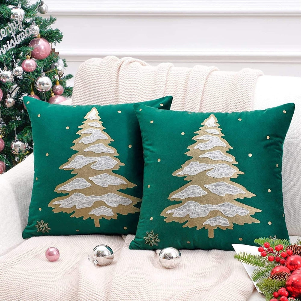 Velora Cushion Cover - Velvet, Embroidered Christmas Tree Design 1