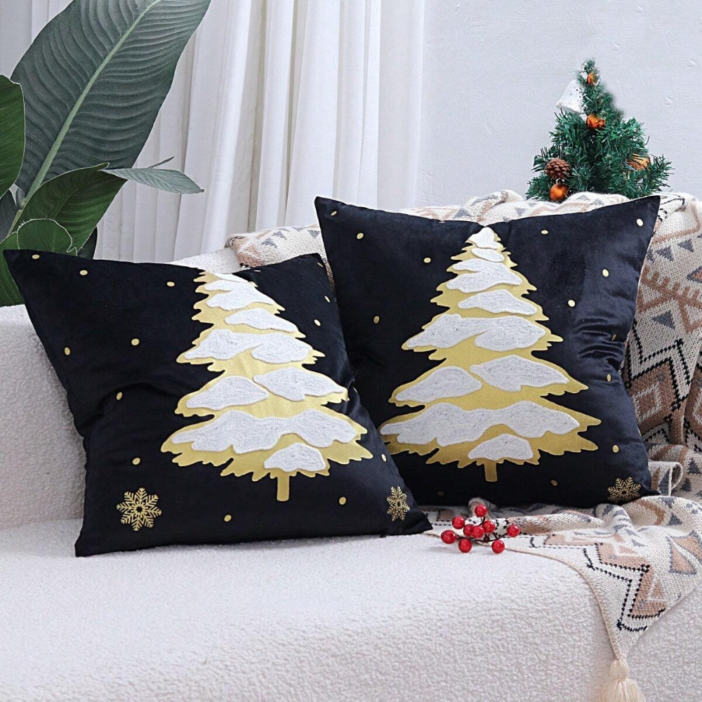 Velora Cushion Cover - Velvet, Embroidered Christmas Tree Design 2