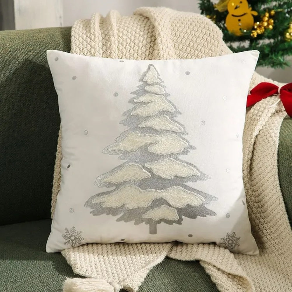 Velora Cushion Cover - Velvet, Embroidered Christmas Tree Design 3