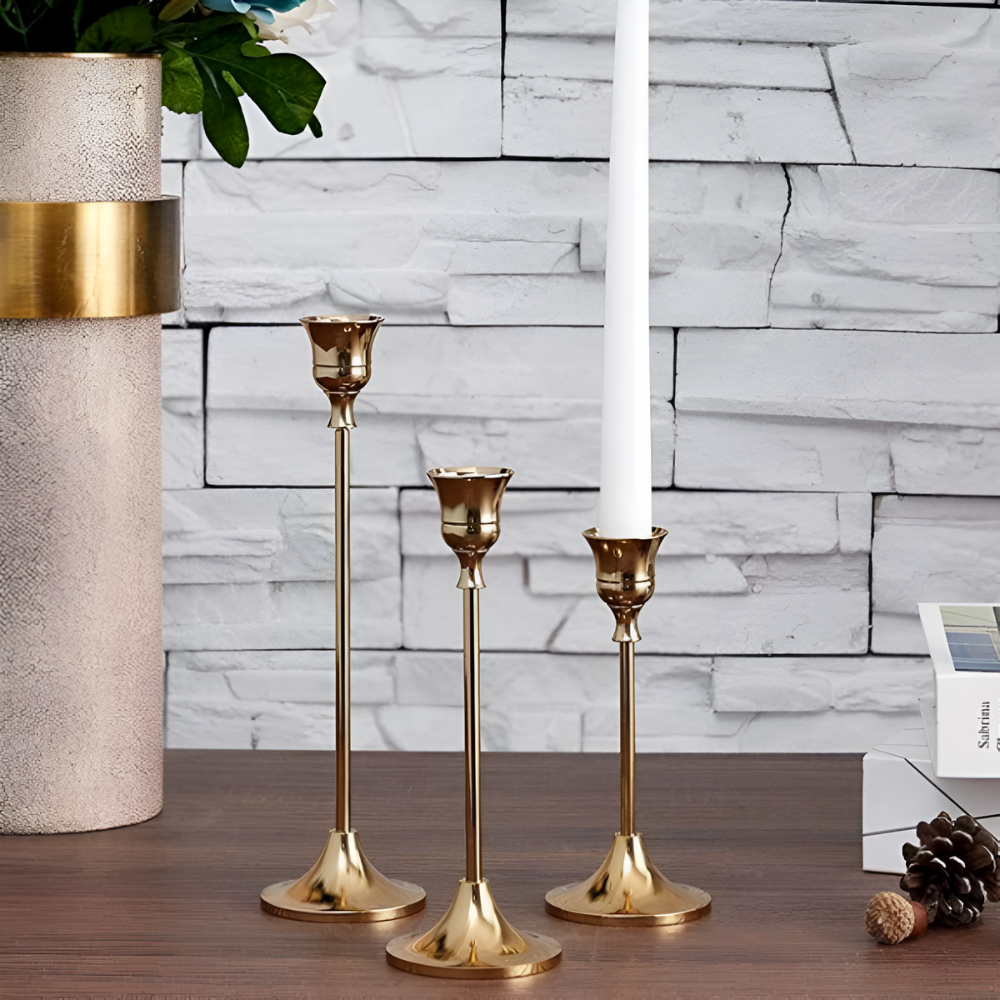 Vesper Candle Holder Set - Gold Metal, Vintage Style Taper Candle Holders, 3 Pieces 0