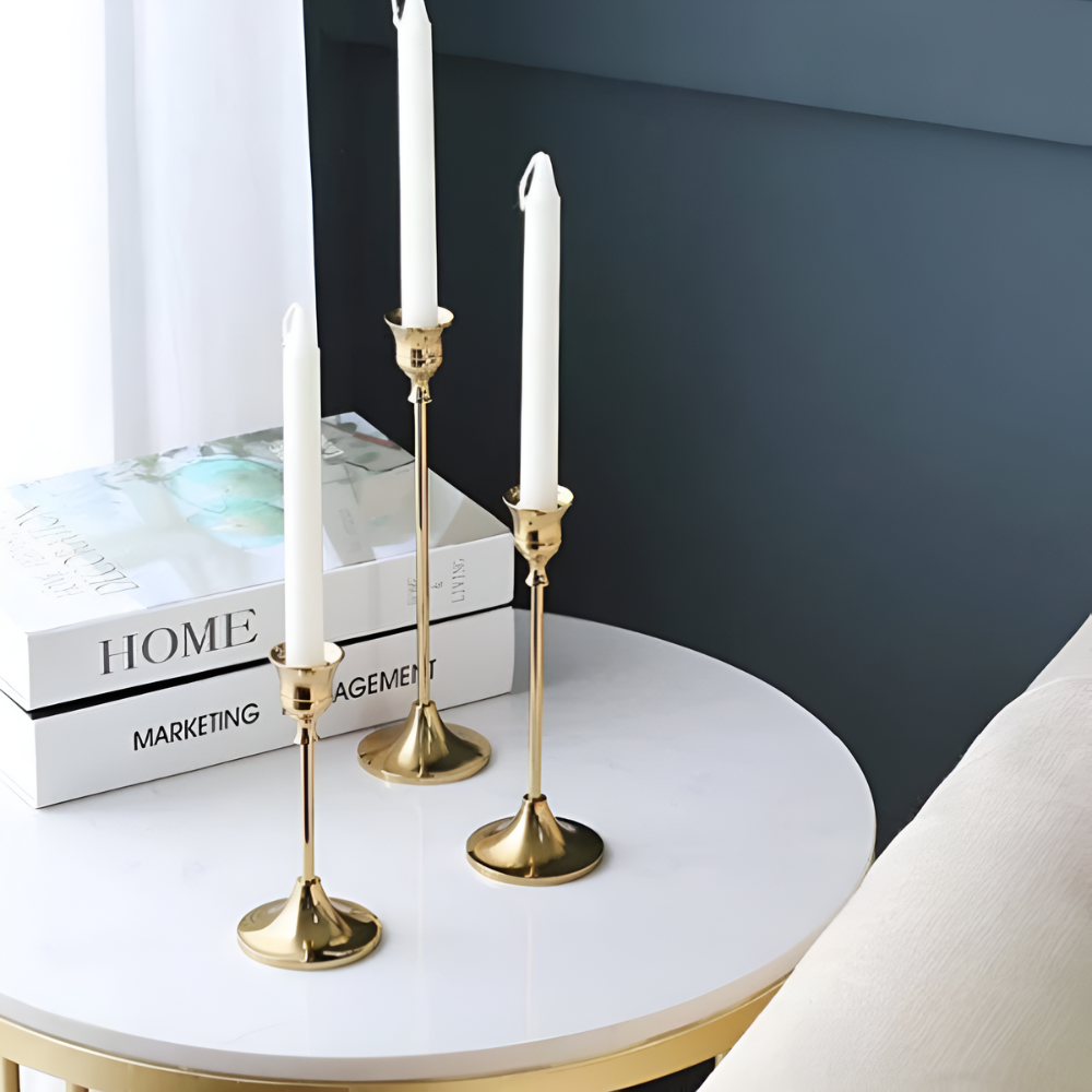Vesper Candle Holder Set - Gold Metal, Vintage Style Taper Candle Holders, 3 Pieces 1