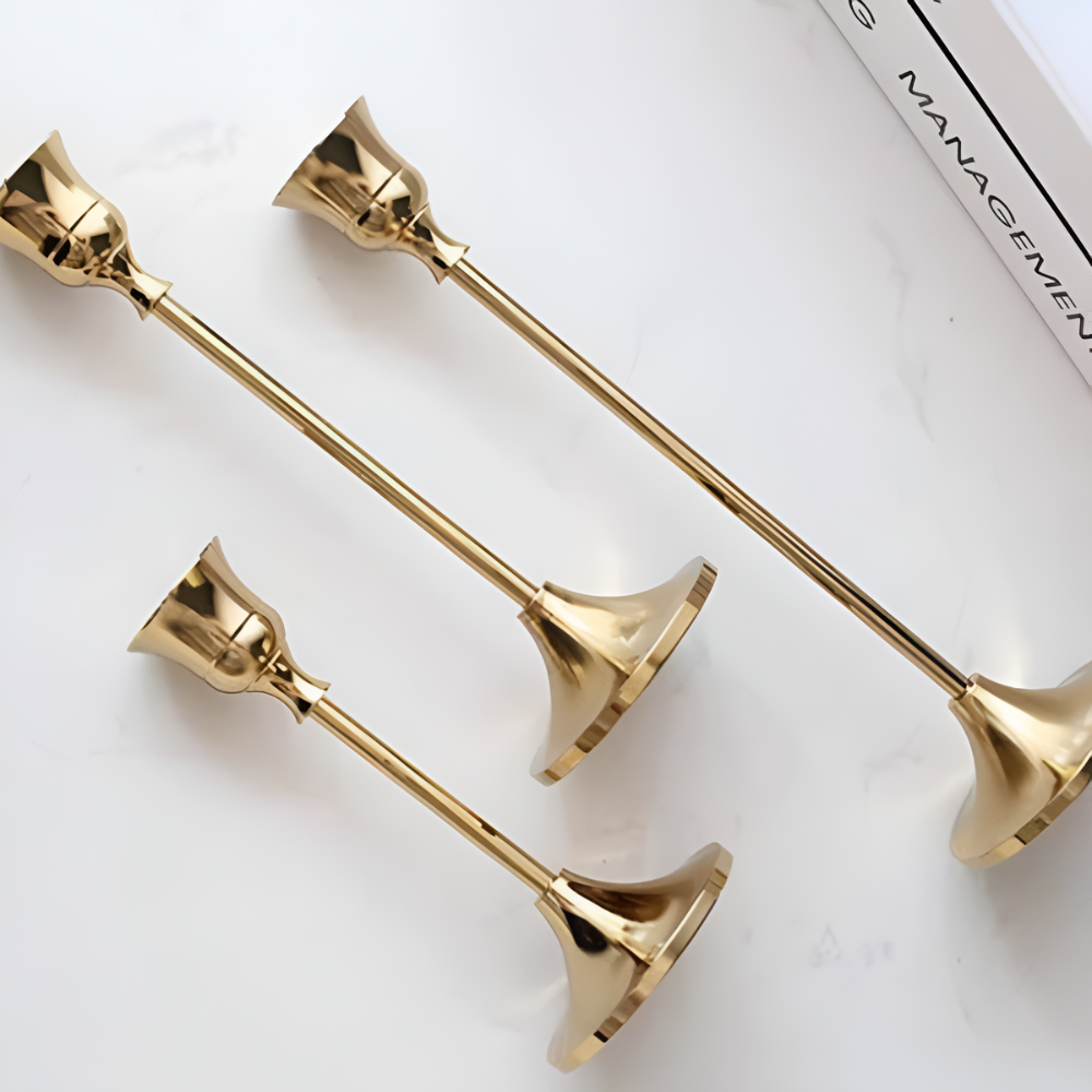 Vesper Candle Holder Set - Gold Metal, Vintage Style Taper Candle Holders, 3 Pieces 7