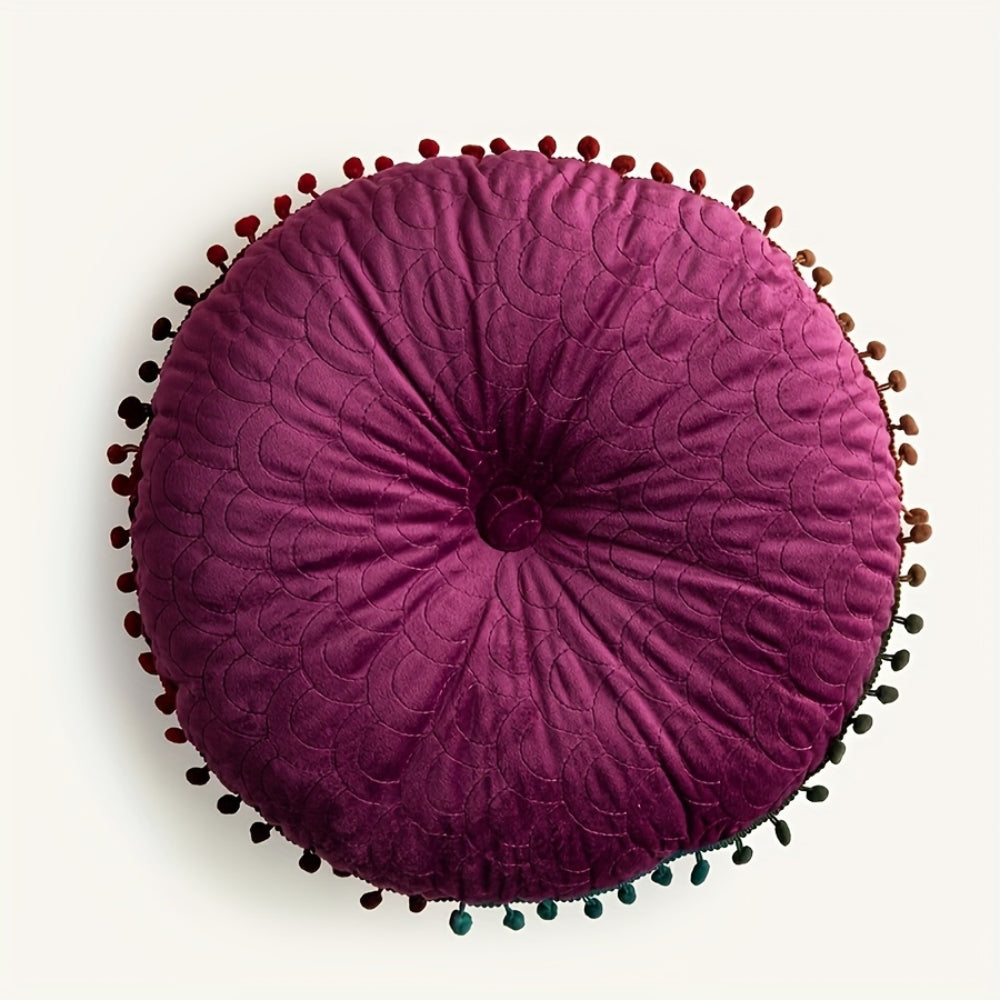 Vesper Round Cushion - Vintage Quilted Velvet, Decorative Pom-Pom Trim 10
